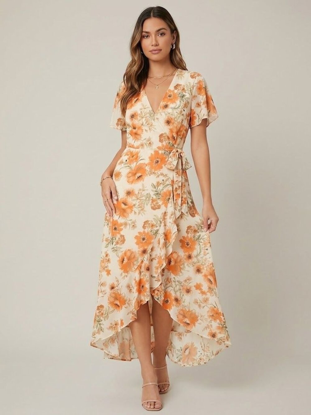 Simplee Womens Maxi Dress L Cream Orange Floral Wrap V Neck Ruffle Boho